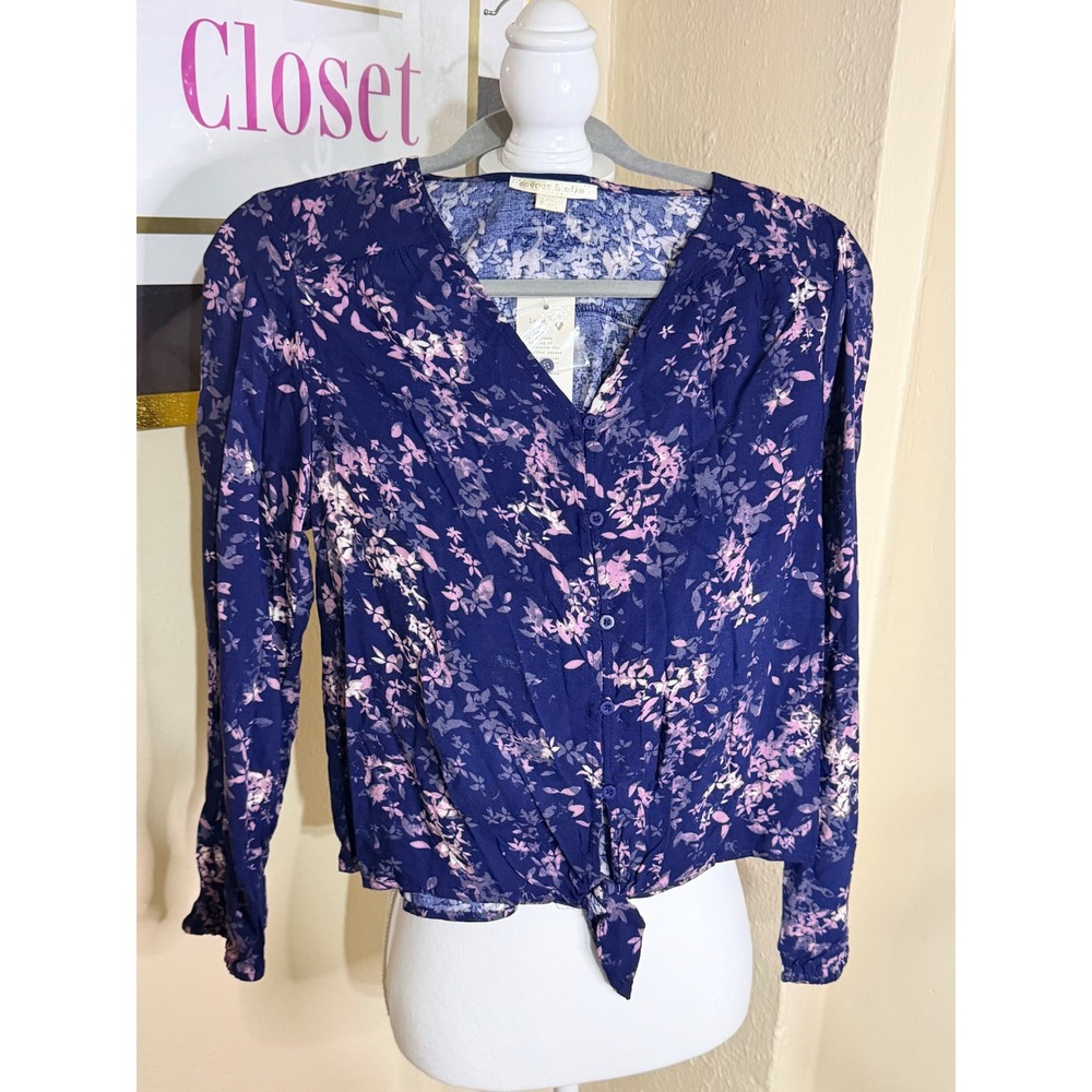 Cooper & Ella Womens Floral Tie Front Button Down Blouse Navy Pink Size S NWT